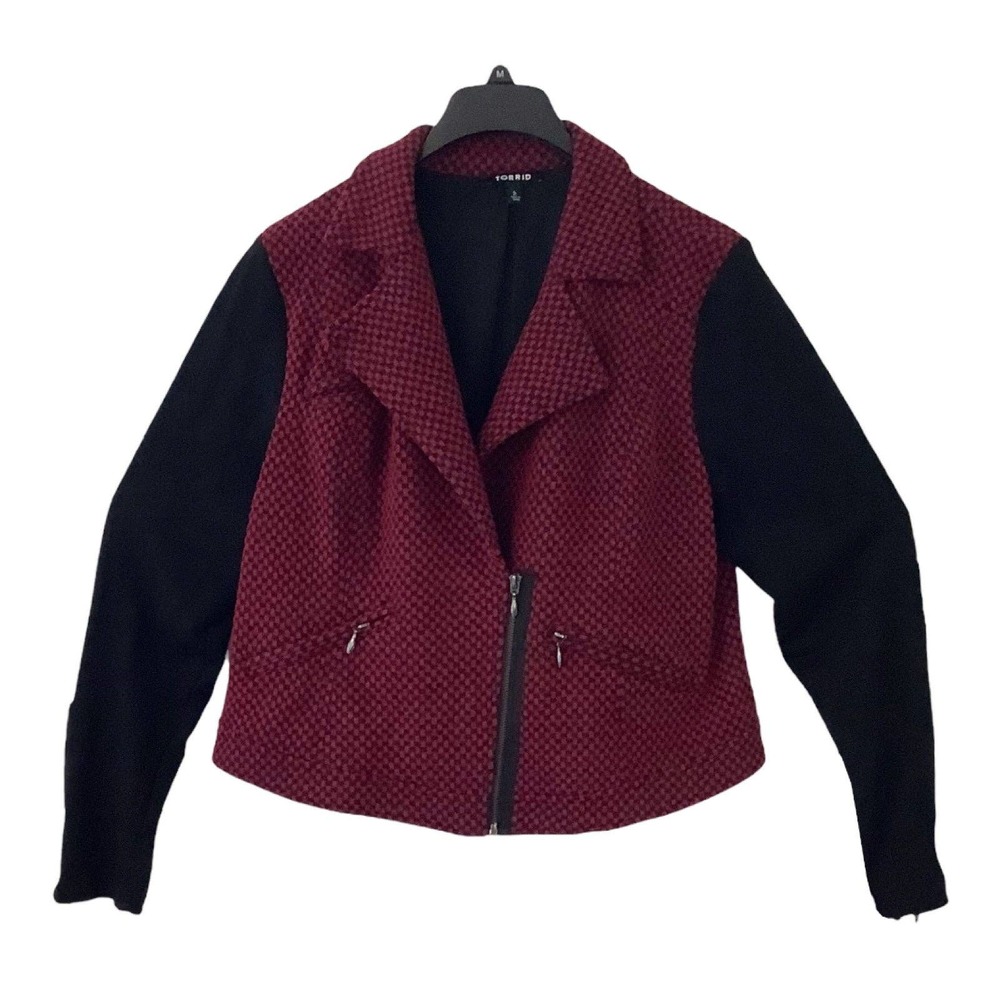 Torrid Maroon & Black Check Knit Moto Jacket Black Contrast Sleeves Sz 2